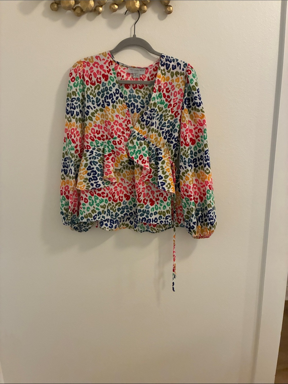 Never Fully Dressed Multicolor Leopard Print Ruffle Wrap Blouse
